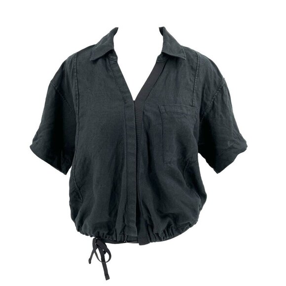 Athleta 100% Linen Wrap Front V-Neck Short Sleeve Top Blouse Top Black sz Small - Picture 1 of 6